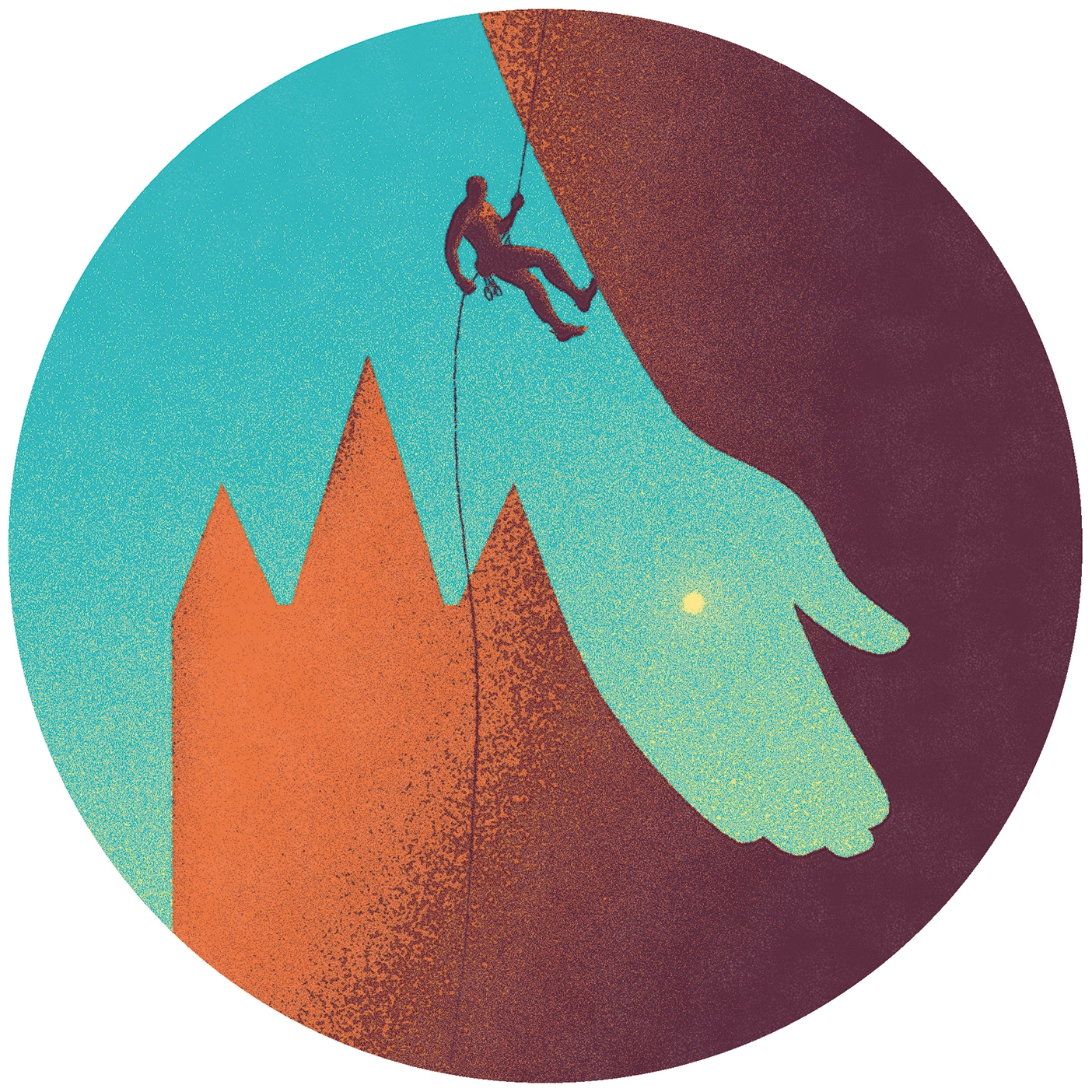 A rock climber anchors to Christ, who fills the sky.