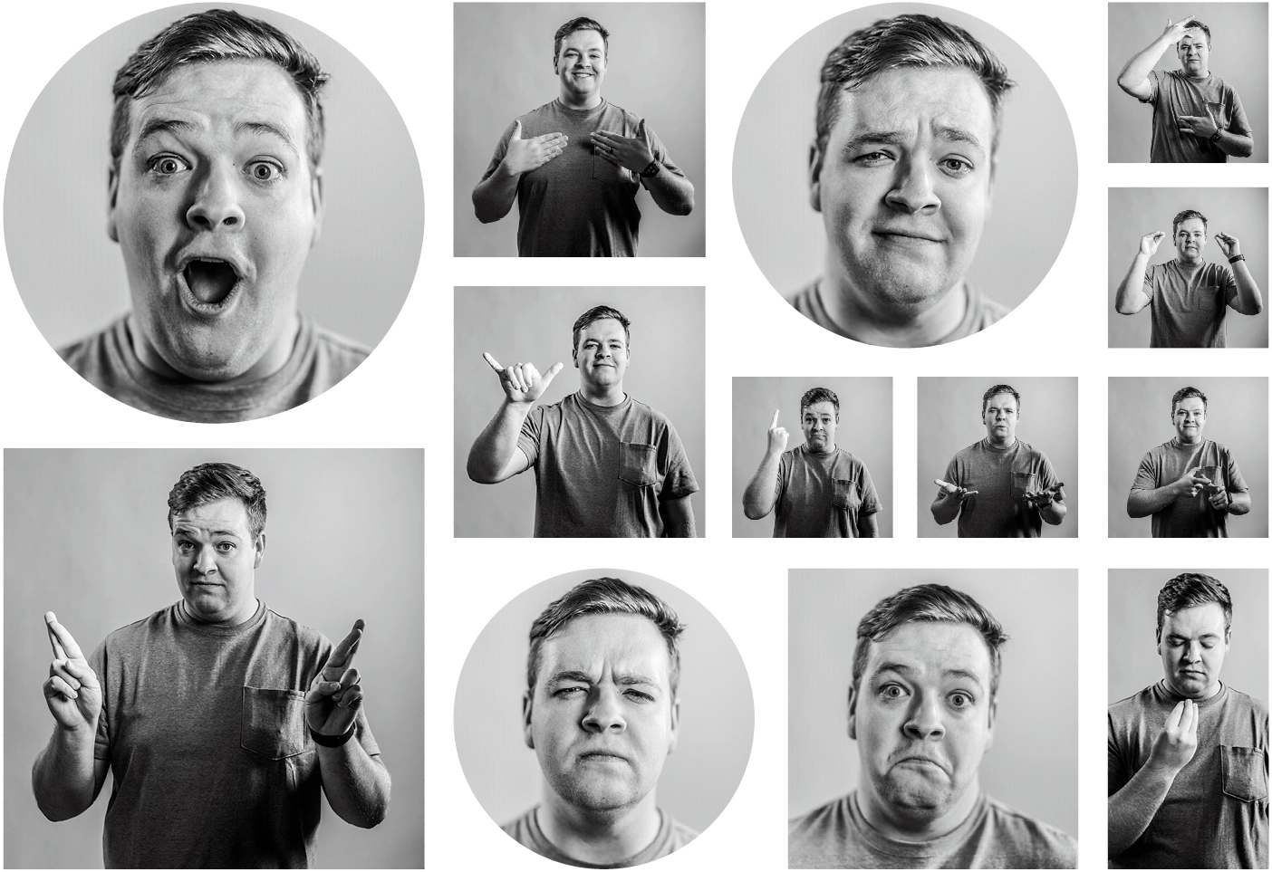 A BYU graduate researcher is improving ASL translation by focusing on eyebrows. He poses with different eyebrow expressions.