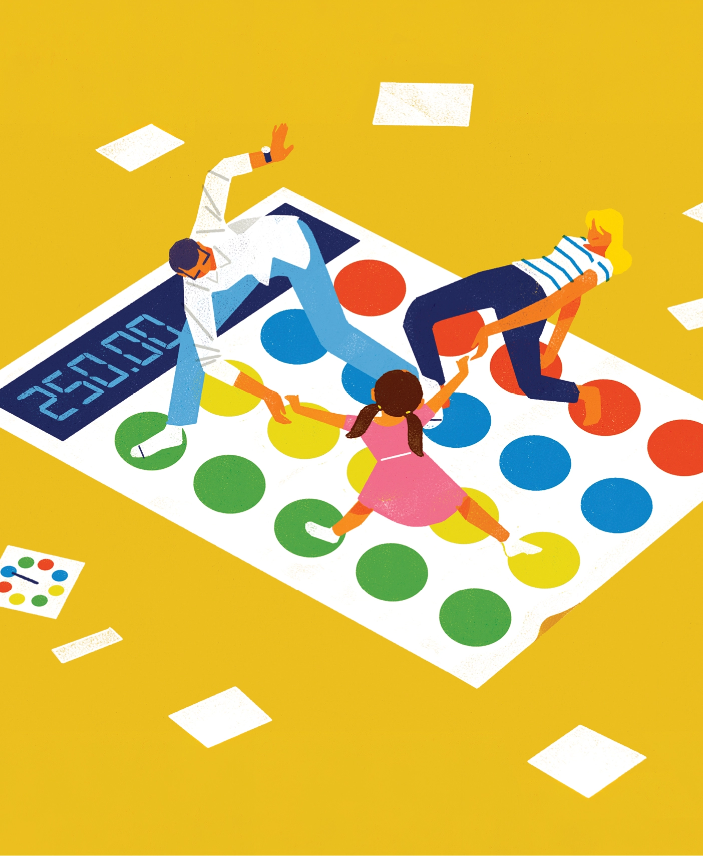 Illustration of two adults and a child playing Twister on a colorful calculator mat against a bright yellow background, with limbs stretched across red, blue, green, and yellow circles and scattered papers around them. The screen shows $250. The illustration represents the struggle of affording a family.