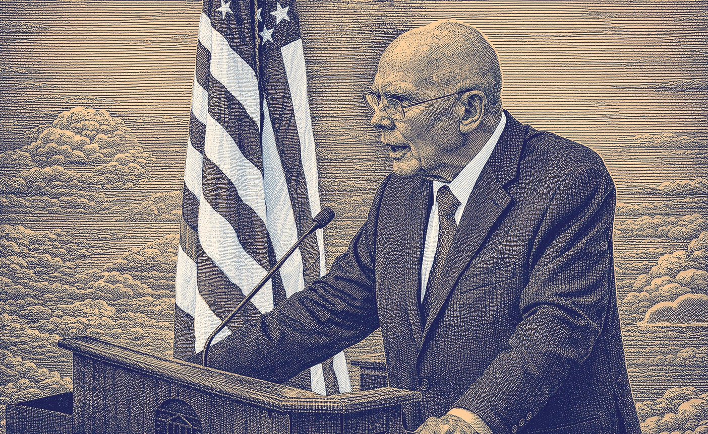 An illustration of Dallin H. Oaks standing at a pulpit with an American flag behind him, giving advice for USA 250.