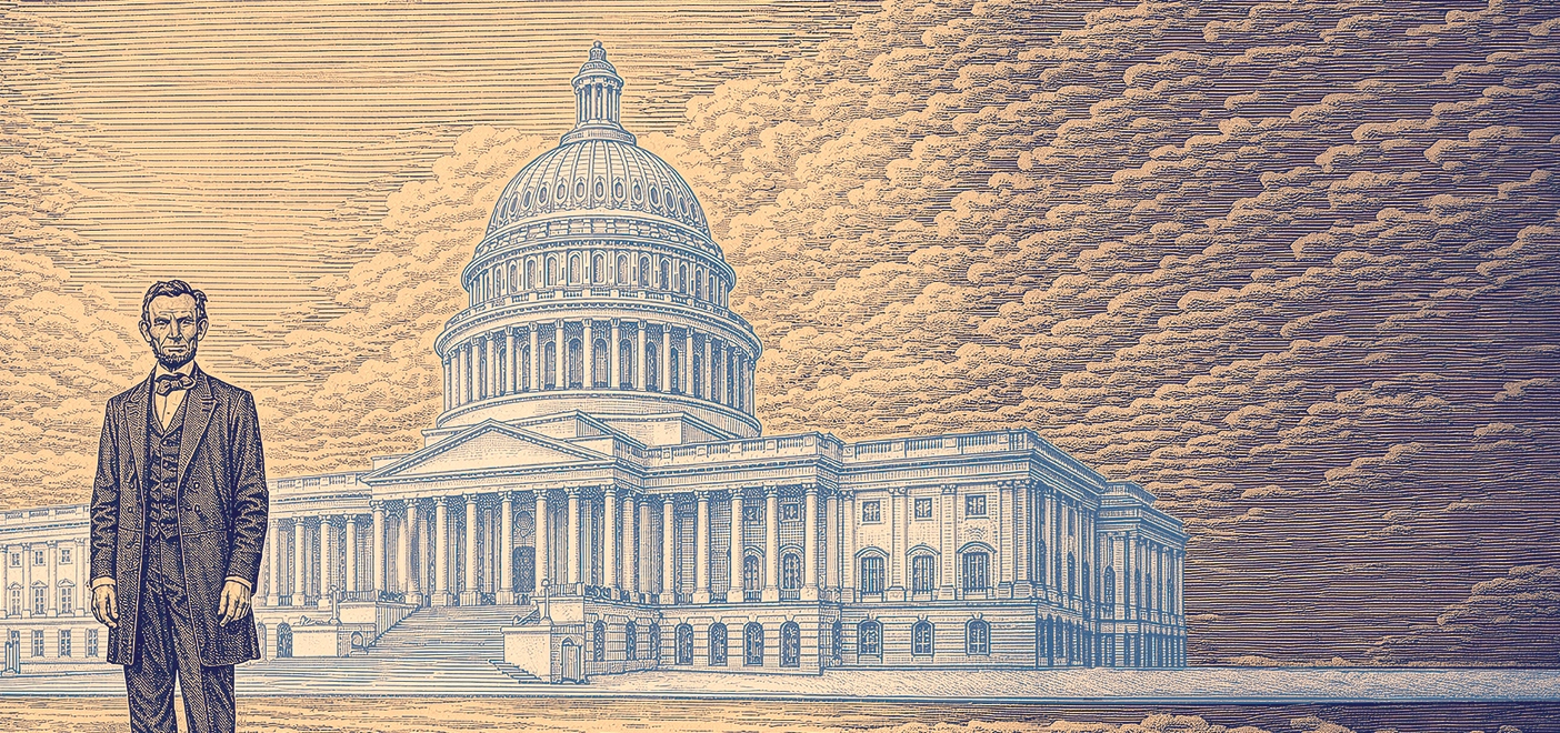 An illustration of Abraham Lincoln standing in front of the USA Capitol.