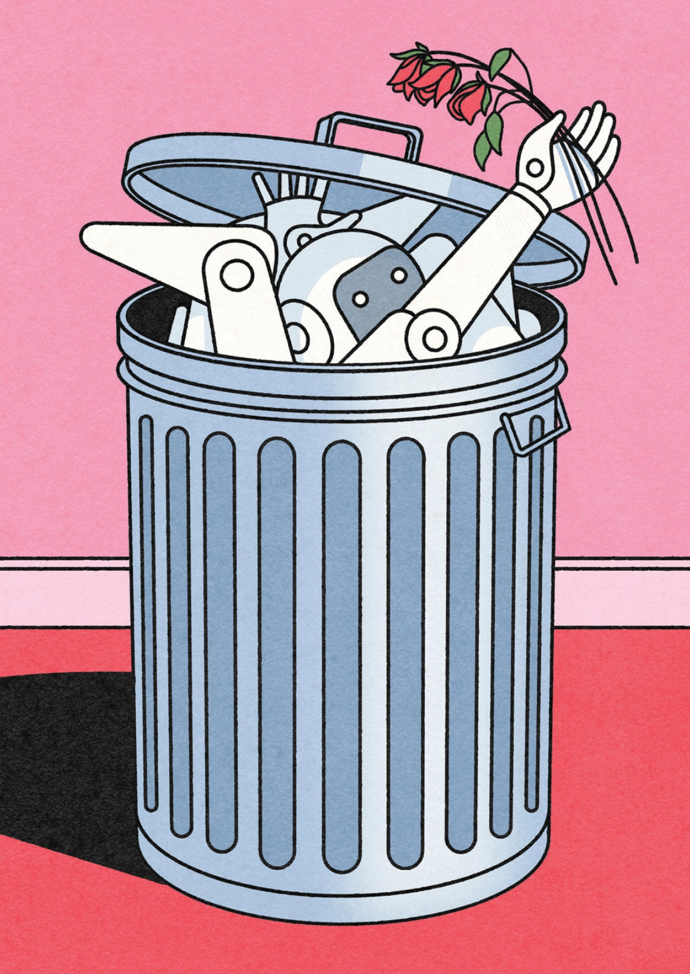 An AI boyfriend or girlfriend reaches out of a trash can with a bouquet of flowers.