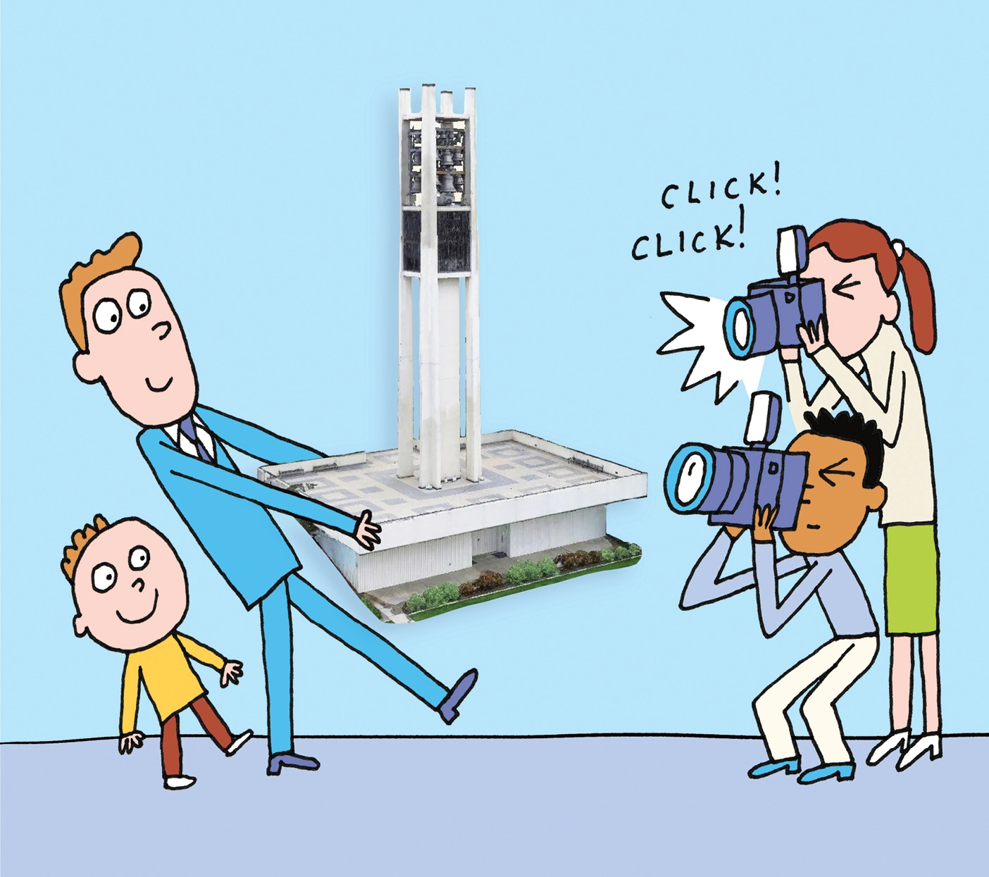 Cartoon illustration of a man and child posing beside a model of the BYU bell tower while two photographers take pictures, with “click click” text indicating camera flashes.
