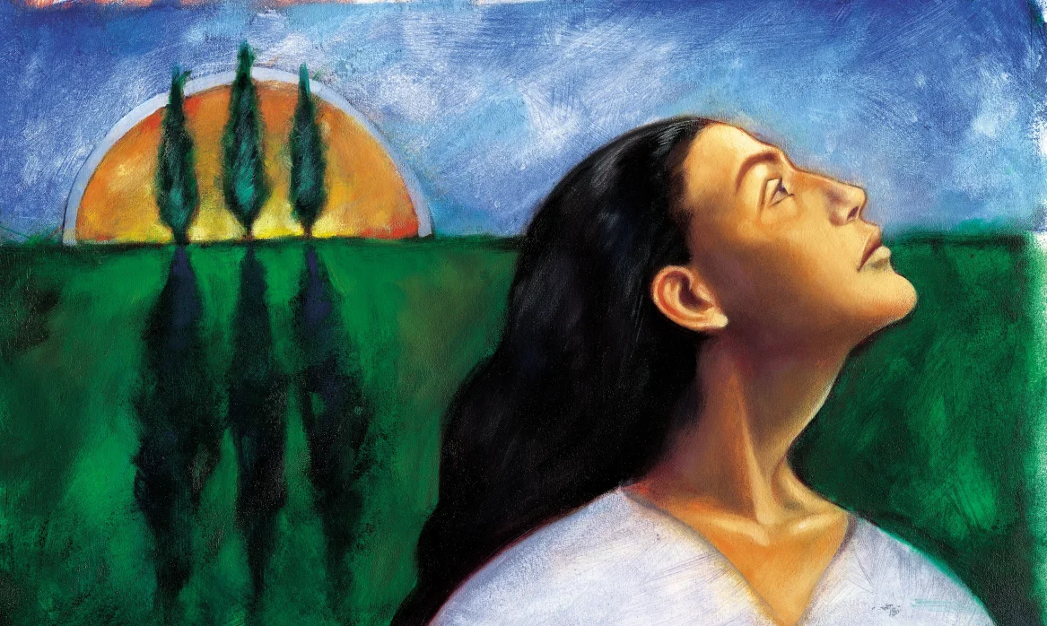 Textured painting of a woman with long dark hair in profile, gazing upward. Behind her, three tall green trees stand before an orange setting sun beneath a blue sky.