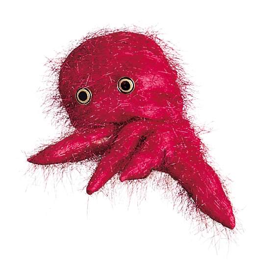 Fuzzy pink, octopus-like puppet with round eyes and several short tentacles.