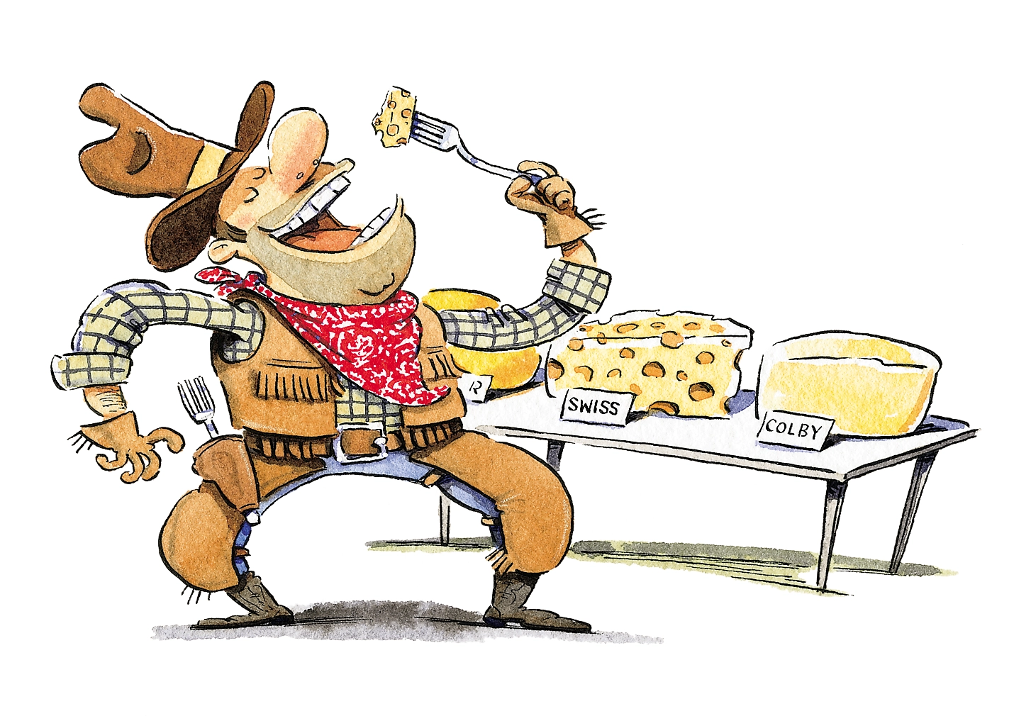 Cartoon cowboy brandishes a cheese-testing tool beside a table holding labeled blocks of cheese.