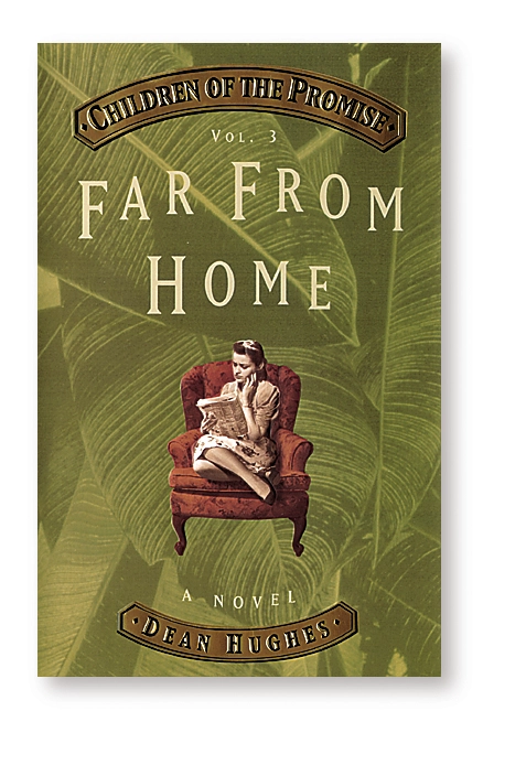 Green book cover for Far From Home, showing a woman seated in a red armchair reading or holding papers.