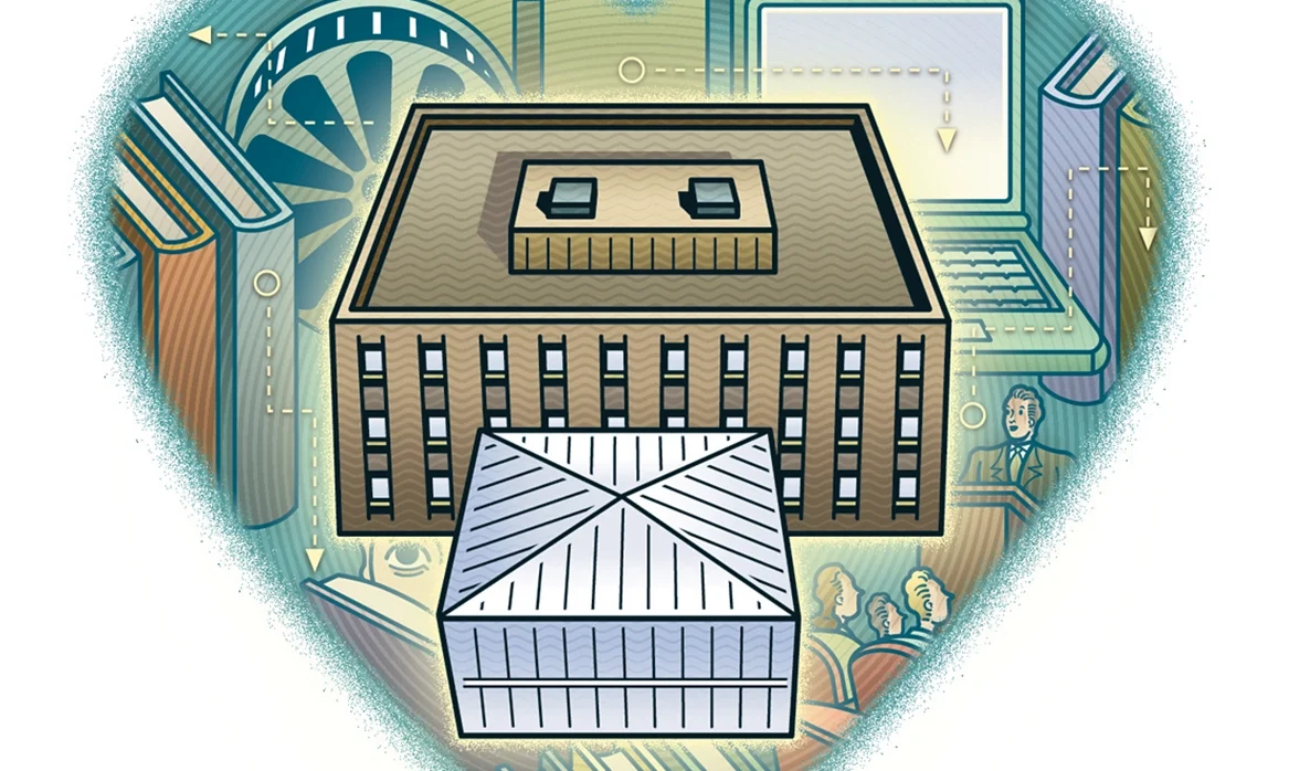 An illustration of a building with a large glass entryway. The image is framed in a heart.