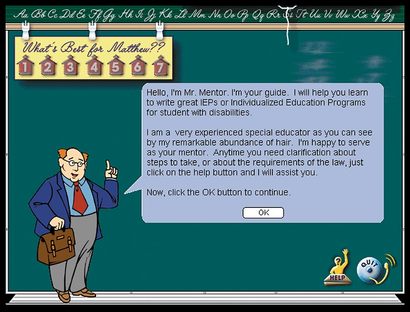 Computer-screen view of an educational CD-ROM, showing a cartoon mentor beside a dialog box explaining Individual Education Programs.