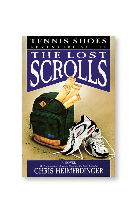 Book cover for The Lost Scrolls, featuring a backpack, tennis shoes, and a partially unrolled scroll.