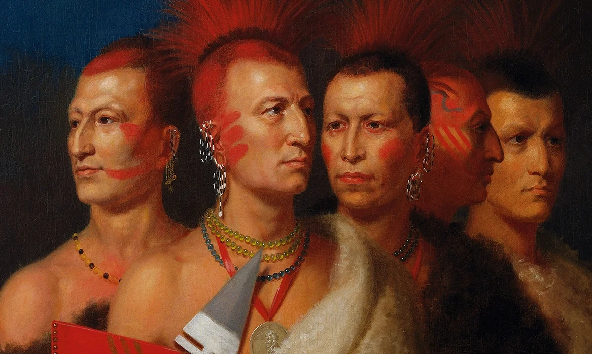 A painting of five Native American men in traditional clothing.