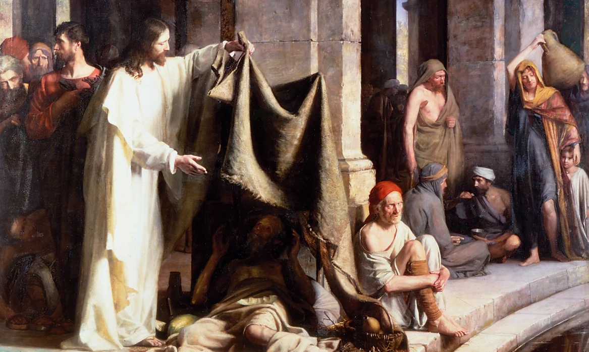 A painting of Christ reaching out and lifting up a cloth covering a sick man by a pool