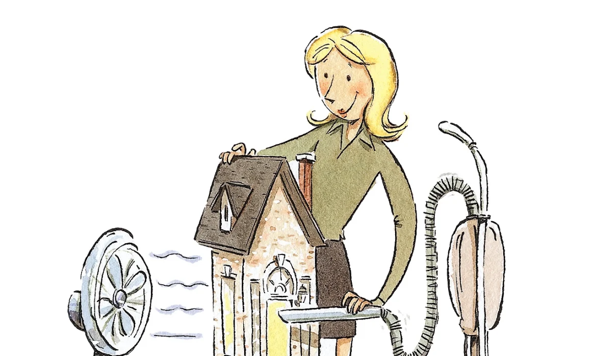 An illustration of a woman holding a vacuum to a house while a fan blows from the other side.