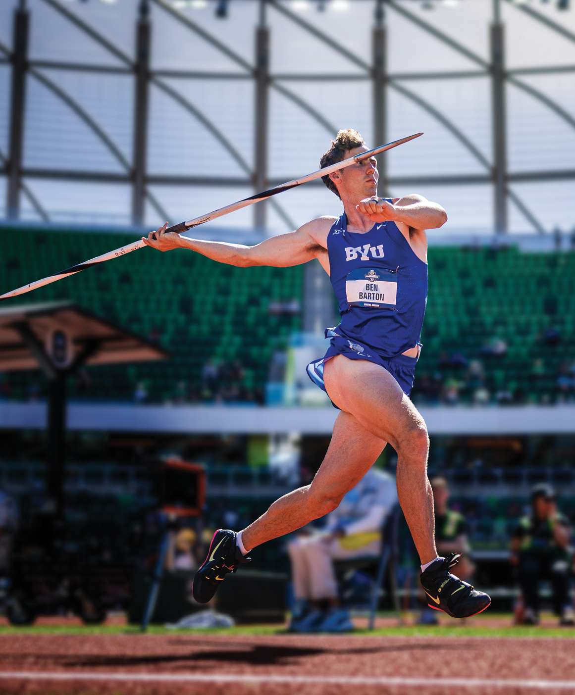 BYU decathlete Benjamin Barton throws a javelin during the NCAA decathlon national championships.