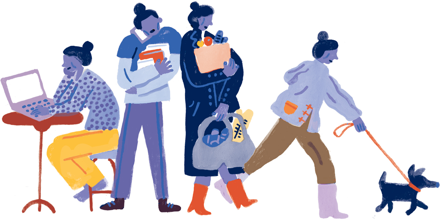 Illustration of busy women—one working on a computer, one holding books, another holdling bags, another walking a dog.