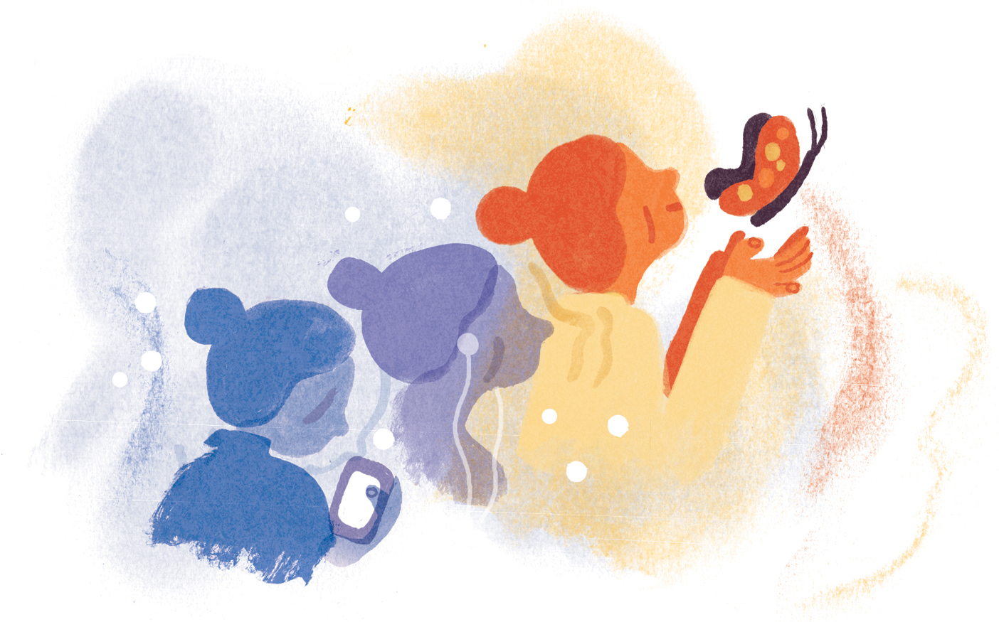 Illustration of woman transforming from looking down at a smartphone to looking up while wearing headphones to looking upward with a butterfly.