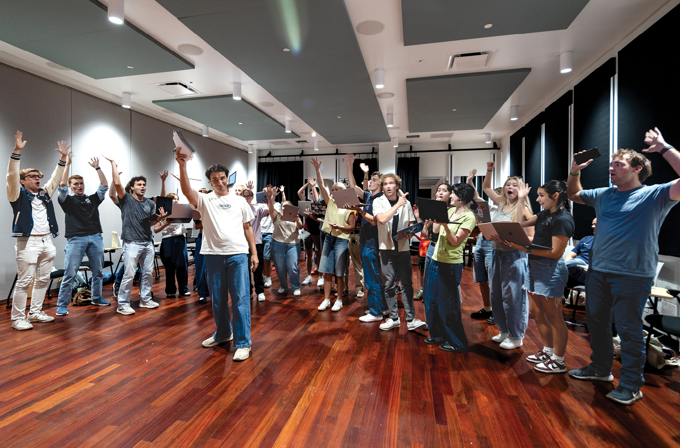 The Music Man in Concert cast practices in a rehearsal hall with a floor the same size as the stage of the Mainstage Theatre in the new BYU Arts Building.