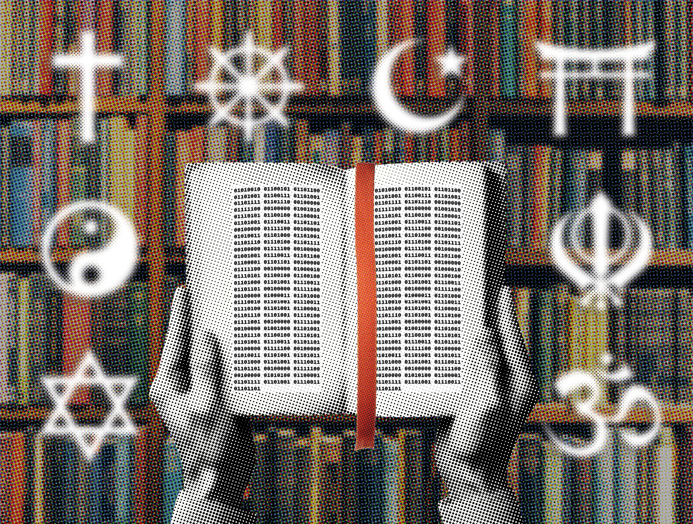 An illustration of a book of scripture with zeros and ones in place of words, surrounded by symbols of various religions.