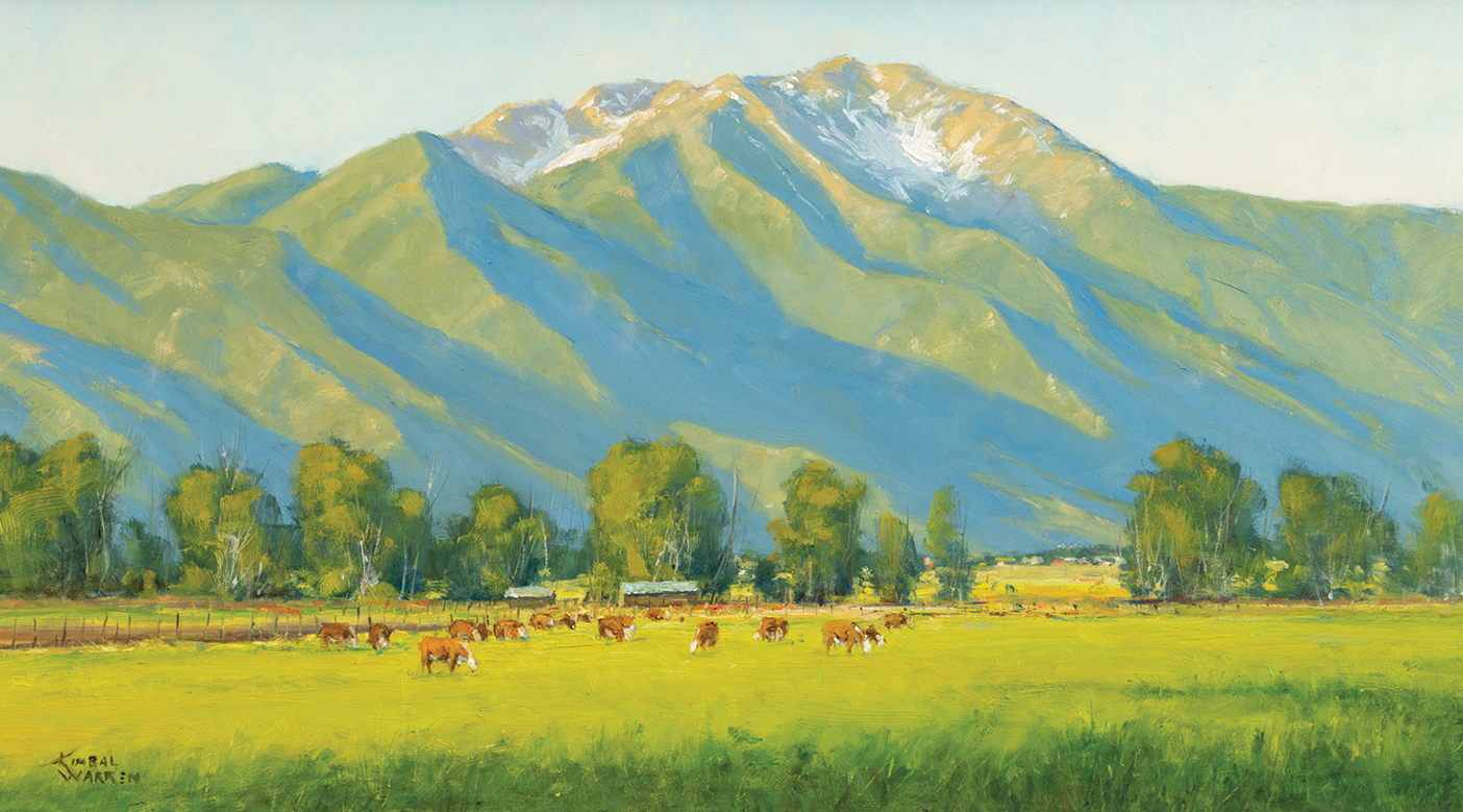 A painting of a mountain and a green field