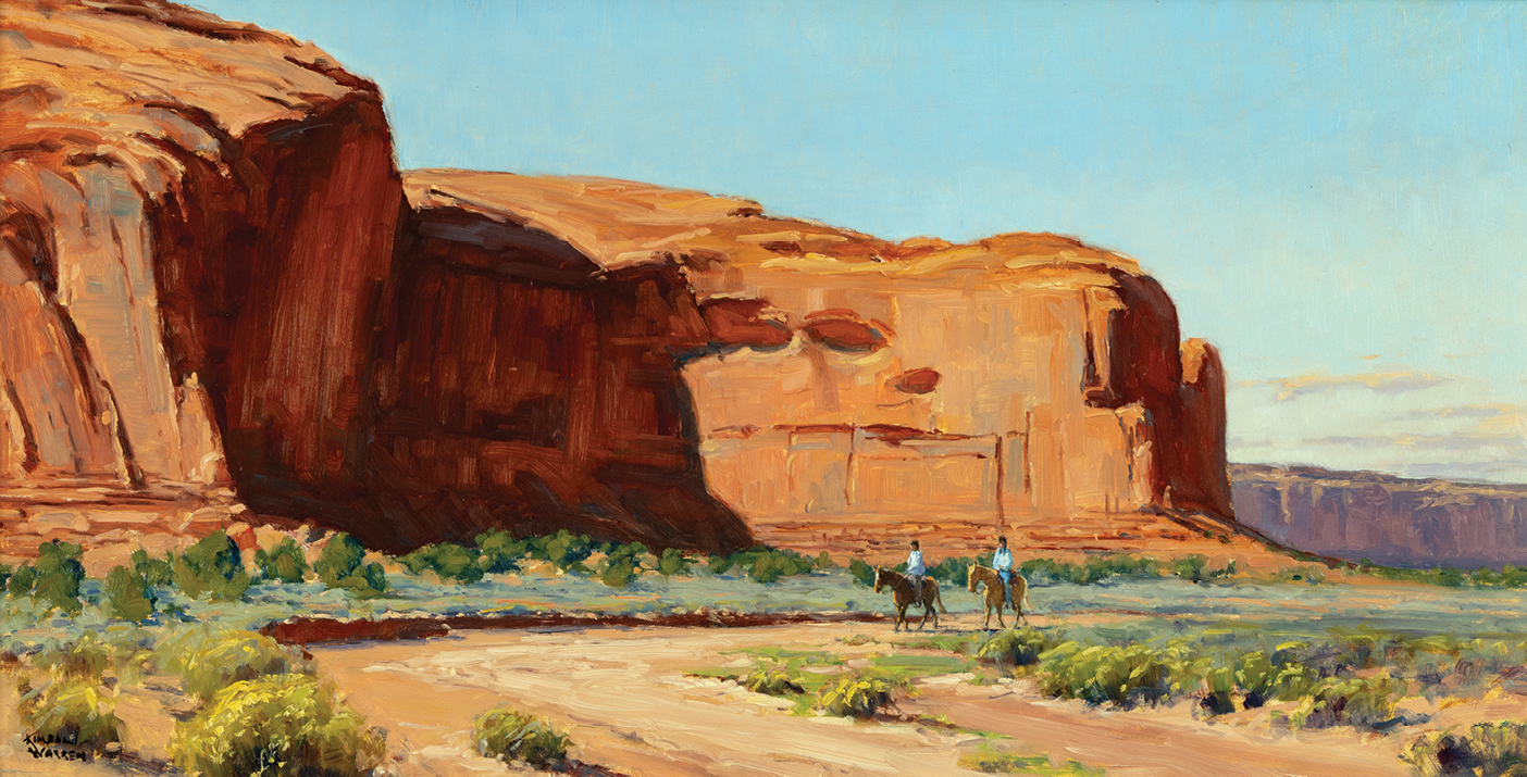 A painting of two riders on horseback walking along a dirt path backdropped by a red rock formation