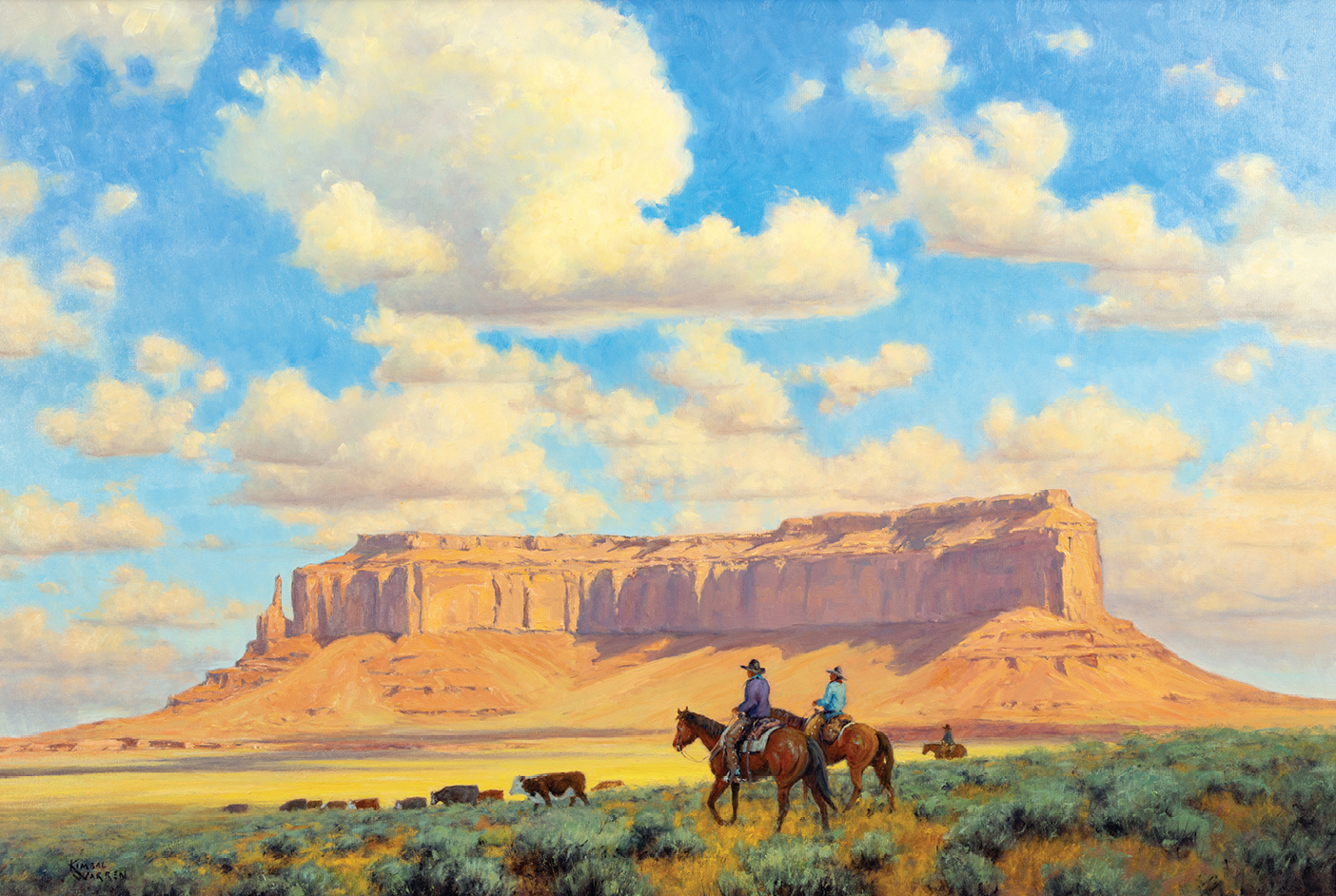 Two riders on horseback in front of a large rock formation beneath a cloudy sky
