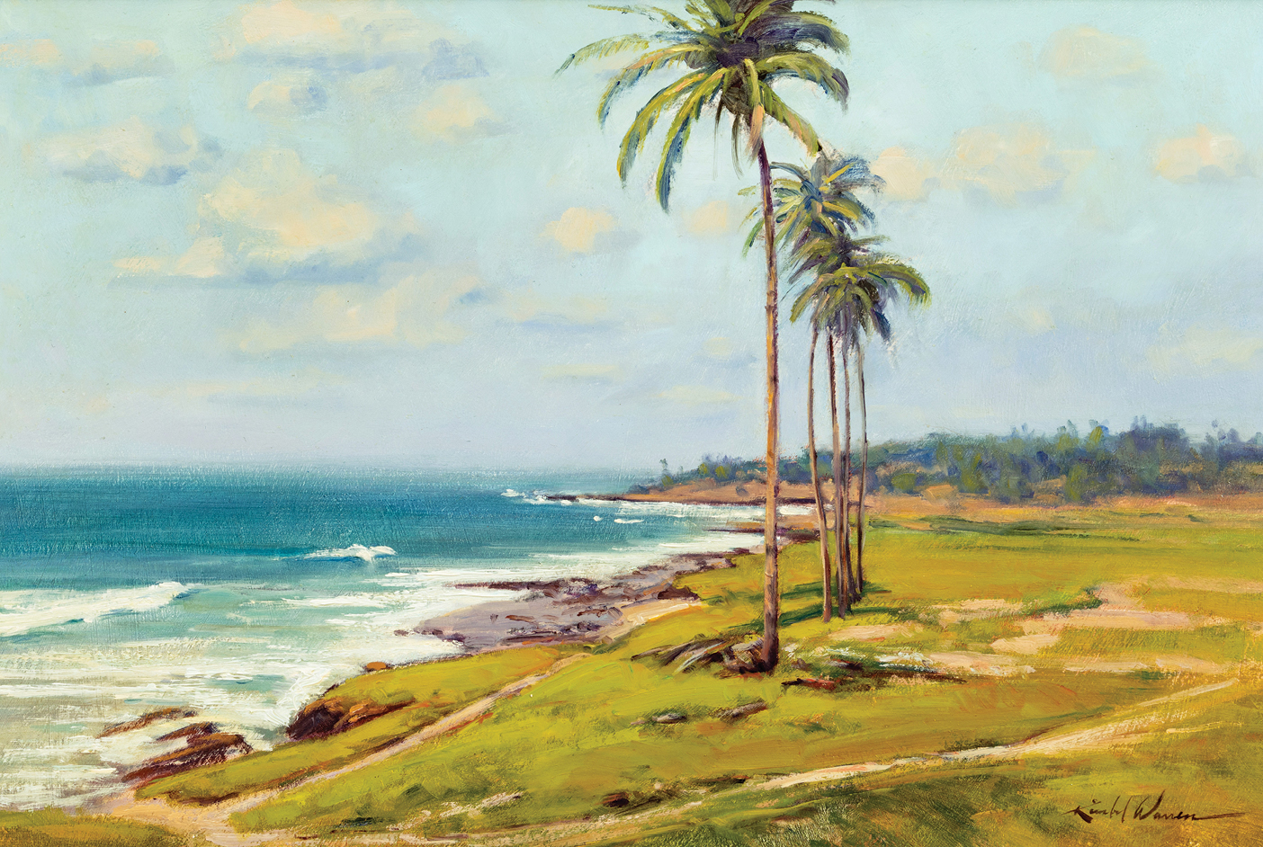 A row of palm trees on a green field in front of the shore line