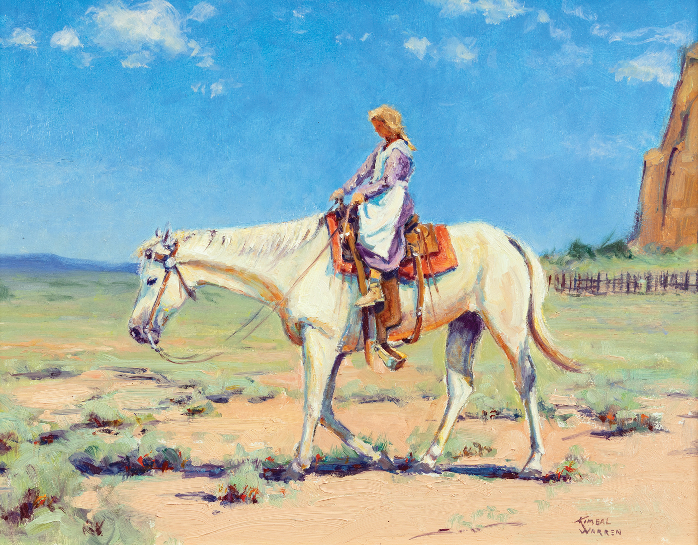 A young woman in pioneer clothing riding a horse through a desert.