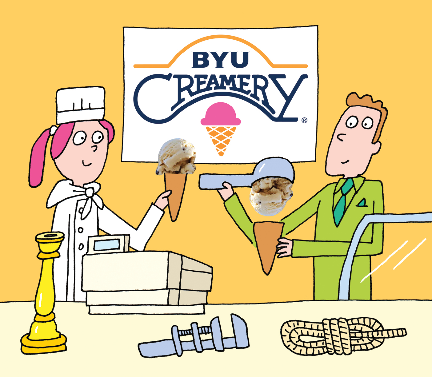Cartoon illustration of two BYU Creamery employees behind a counter. One wears a white chef's uniform and hat and holds an ice-cream cone; the other wears a green suit and holds another cone. A BYU Creamery sign hangs behind them. A cash register and Clue-style objects, including a candlestick and rope, sit on the counter.