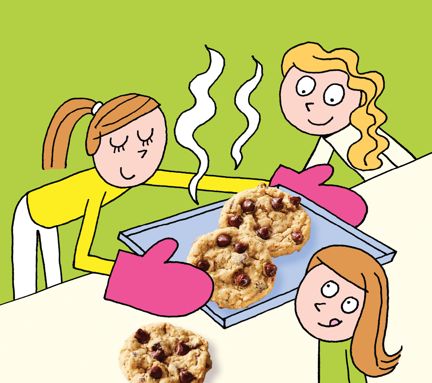 Cartoon illustration of three people gathered around a tray of freshly baked chocolate-chip cookies. Two women hold the tray with bright pink oven mitts while steam rises from the cookies, and a third woman looks on from the lower right. One cookie rests in the foreground against a bright green background.