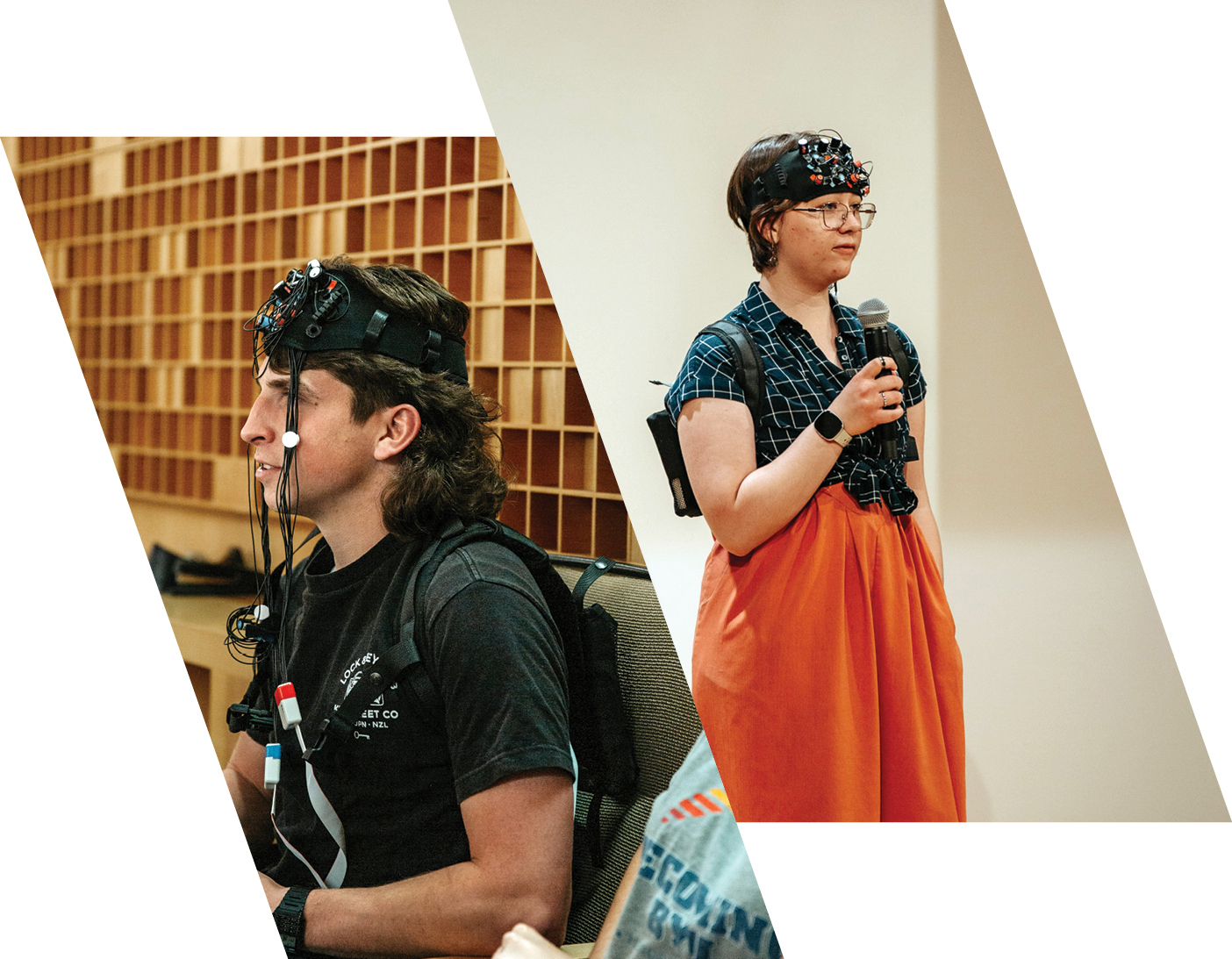 Left: Seated audience member wears a black cap fitted with brain-scanning sensors and wires while listening to a storyteller at BYU’s Autistic Story SLAM. Right: Miriam Spaulding stands onstage holding a microphone and wearing a brain-scanning cap as she shares her experience with autism and sensory hypersensitivity.