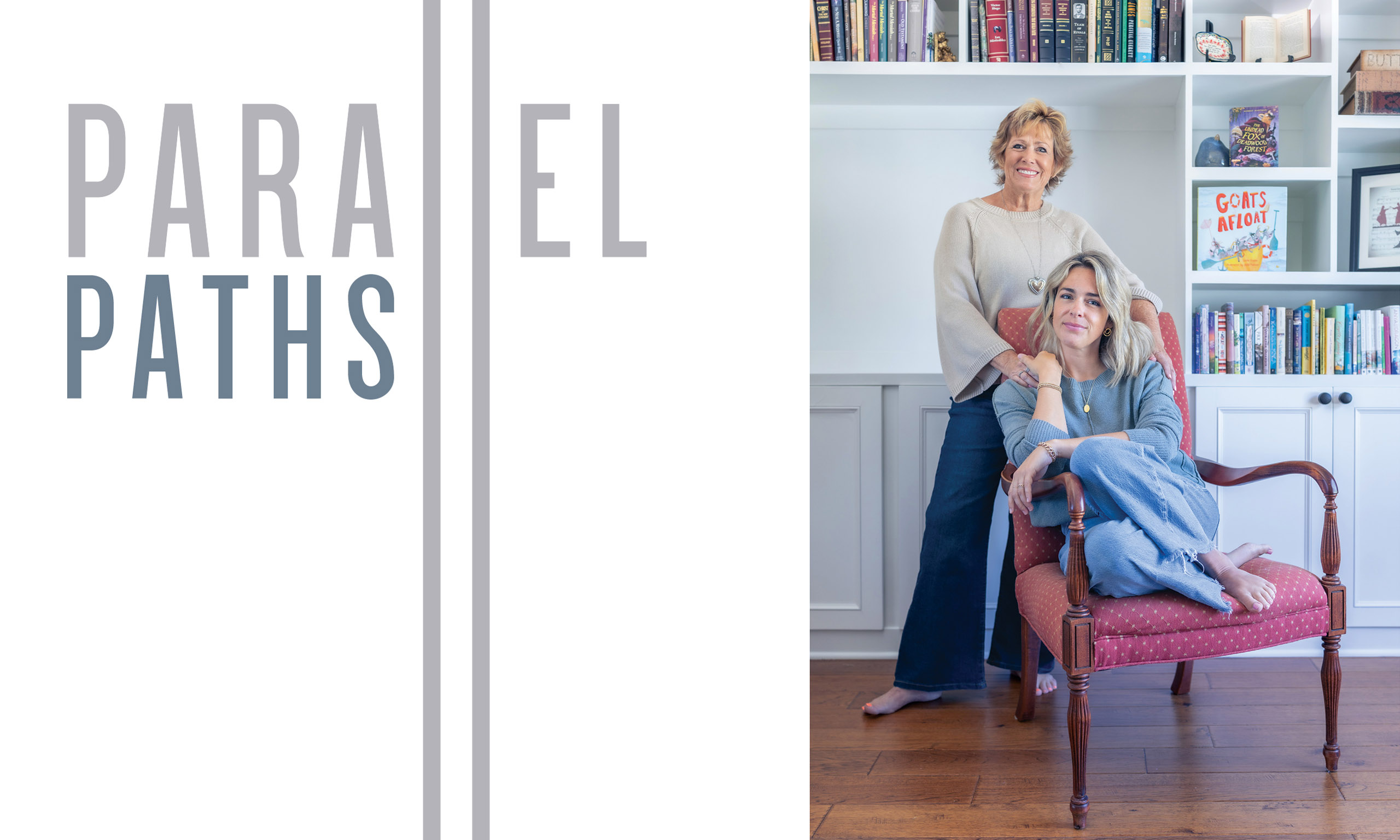 Parallel Paths: BYU families share similar career paths. A mother stands behind her daughter in a library with books they have published.